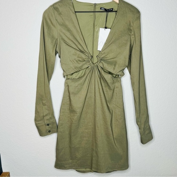 Zara linen Olive Mini Dress - Picture 2 of 4